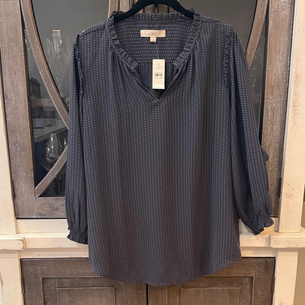 LOFT Navy Dot-Textured V-Neck Ruffle Blouse